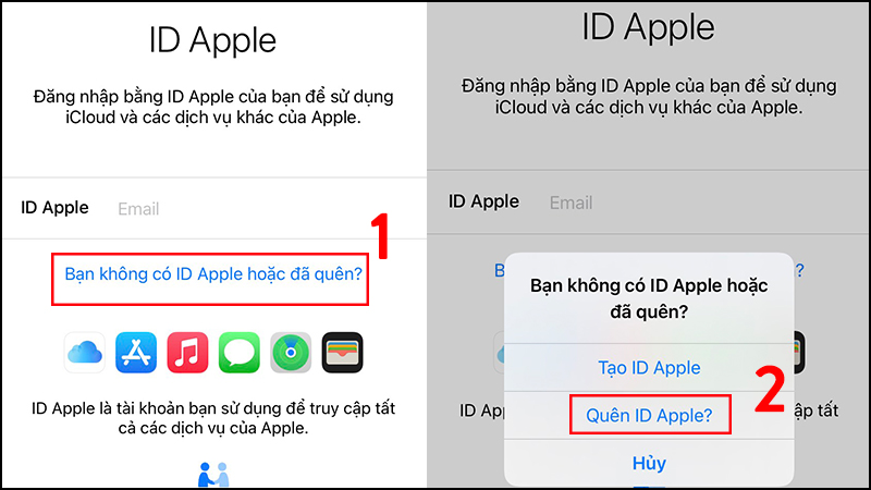 Thực hiện 2 bước như hình để lấy lại mật khẩu iCloud